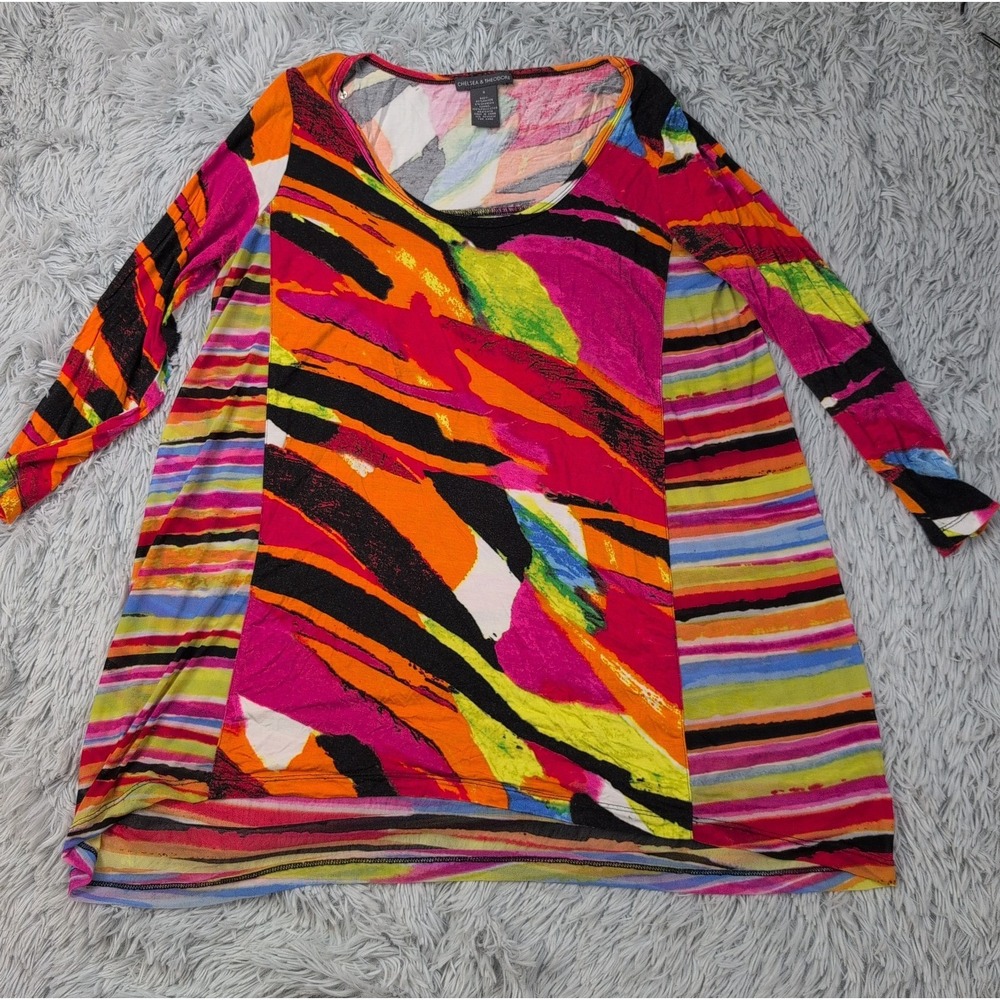 Chelsea & Theodore Shirt Womens S Multicolor Blouse Boho Abstract Stretch Top